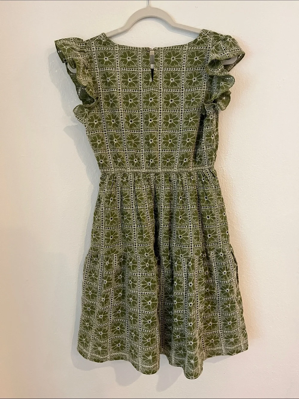 Solitaire Olive Green Eyelet-Style Flutter Sleeve Dress